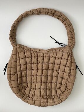 Large Quilted Puffer Hobo Shoulder Bag Brown Beige 3 Zip Pocket Tote Purse